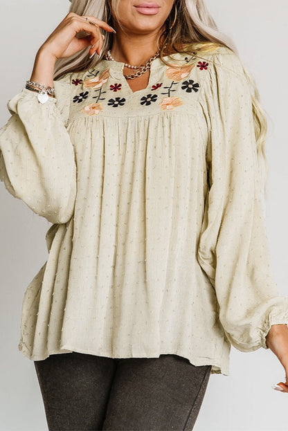 Floral Embroidered Textured Babydoll Blouse