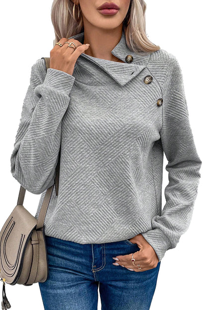 Geometric Textured Buttoned Collar Sweatshirt