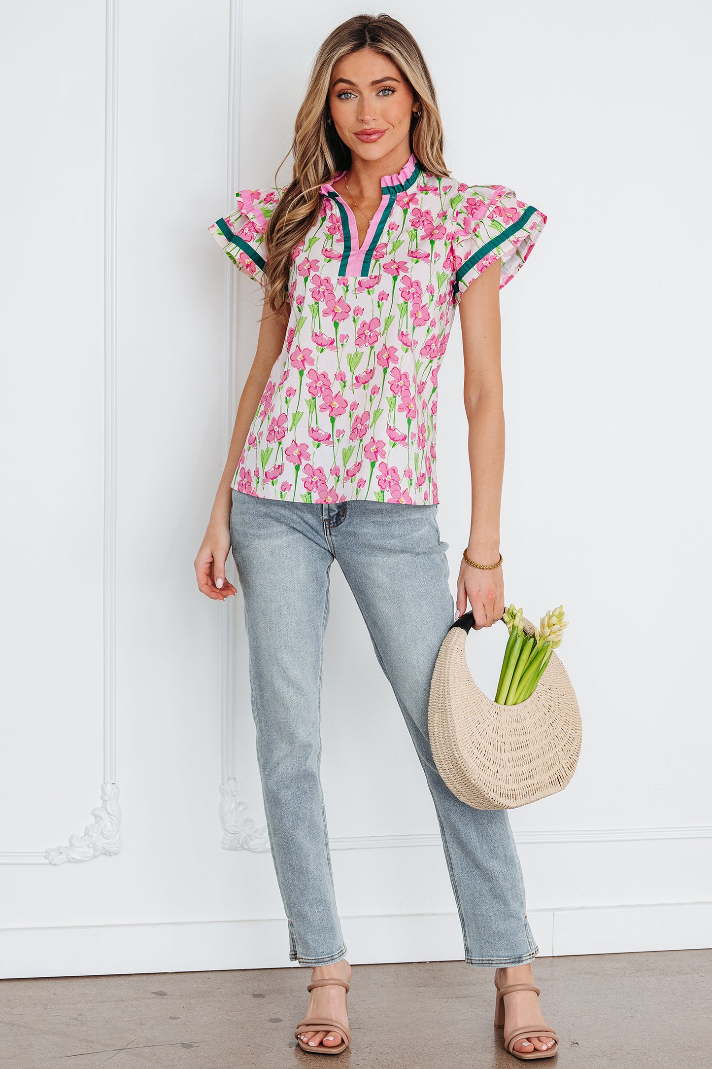 Floral Contrast Trim V-Neck Ruffle Short Sleeve Blouse