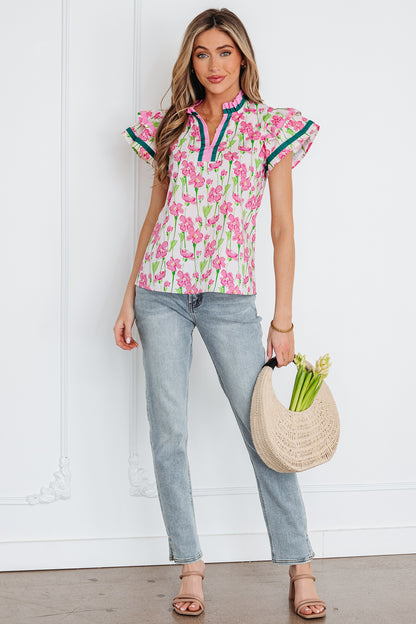 Floral Contrast Trim V-Neck Ruffle Short Sleeve Blouse