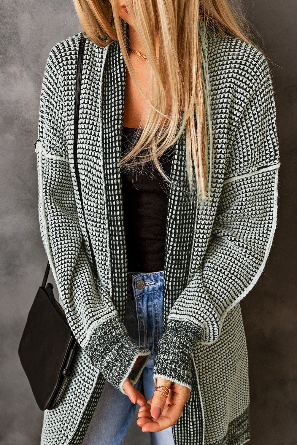 Plaid Knit Open Front Cardigan