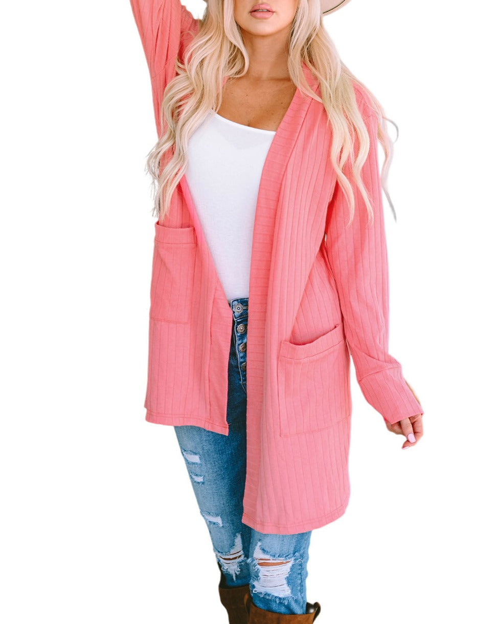 Ribbed Open Front Pocketed Cardigan