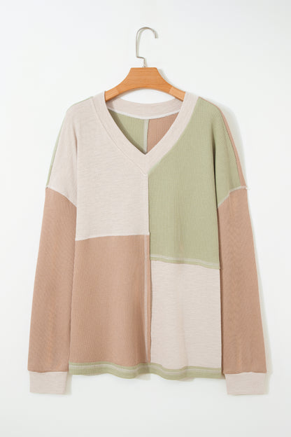 Plus Size Colorblock Waffle Long Sleeve V-Neck Top