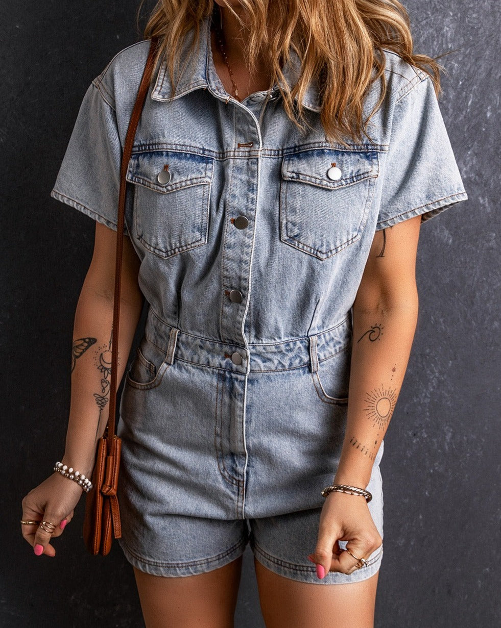 Denim Vintage Washed Pocketed Romper