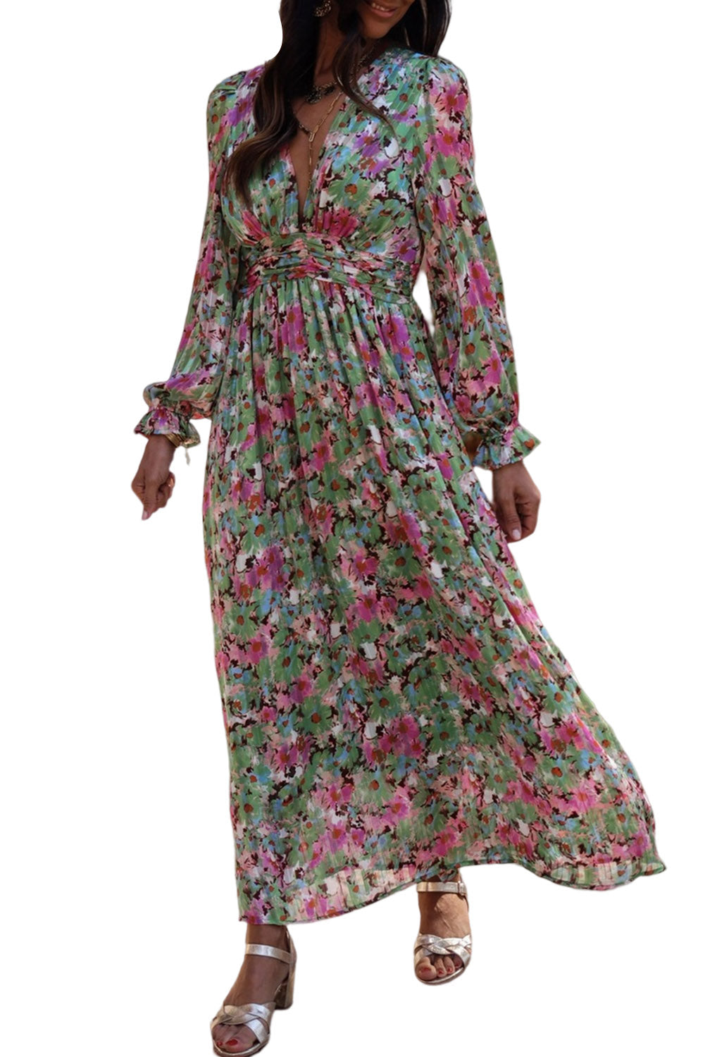 Floral Ruched Waist Maxi Dress