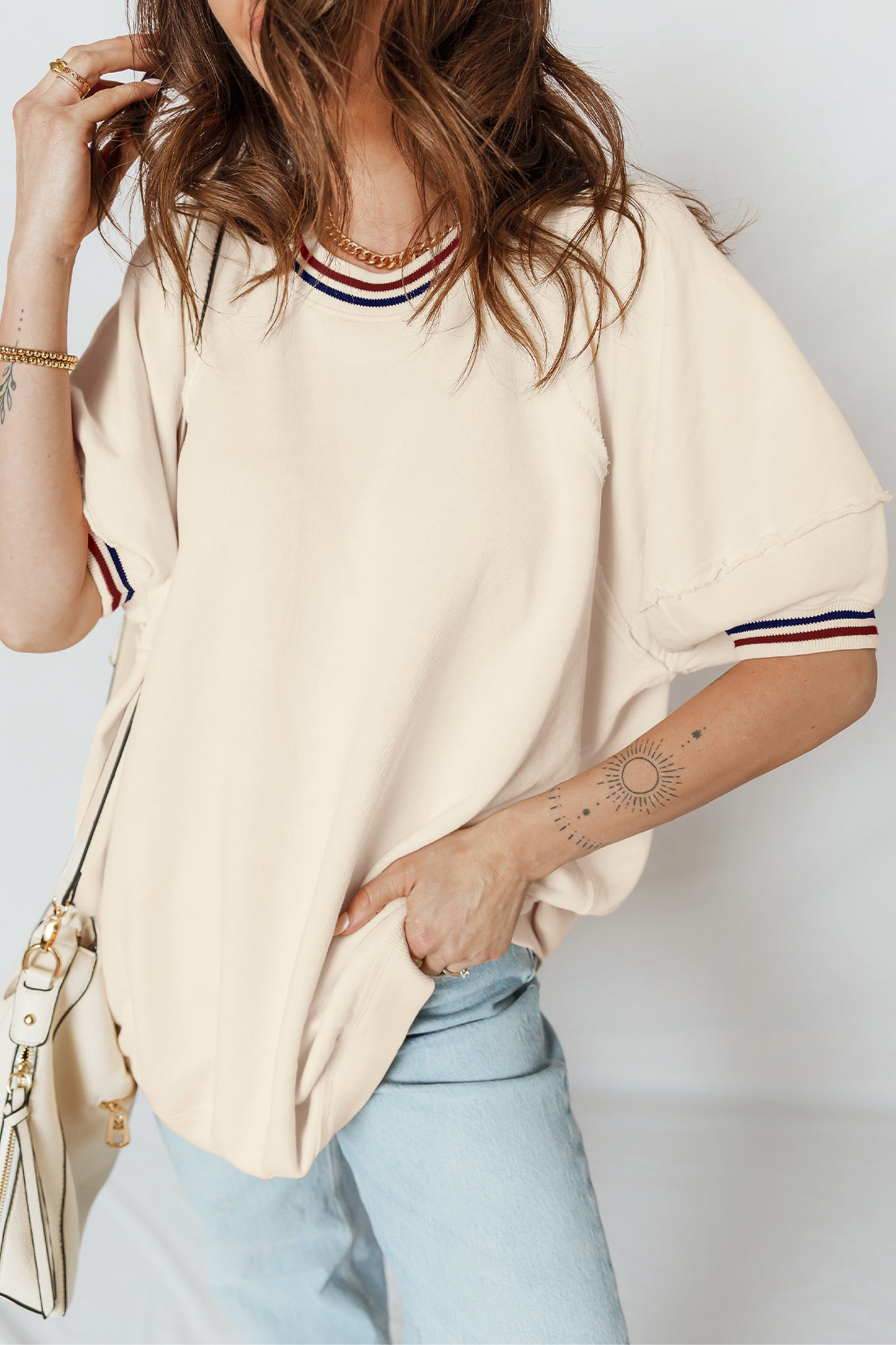 Varsity Stripe Cuffed Short Sleeve Tunic Top