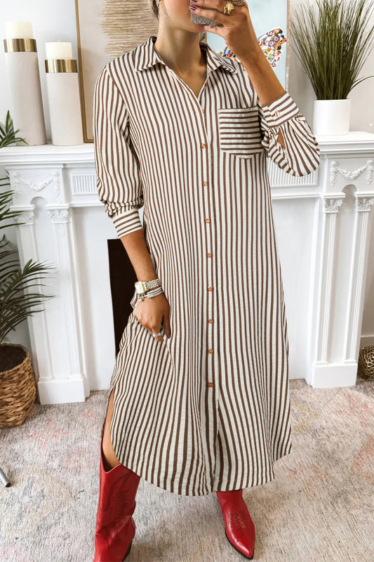 Stripe Textured 3/4 Sleeve Split Hem Midi Dress