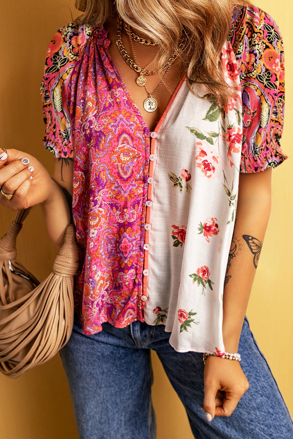 Floral Patchwork Buttoned Blouse