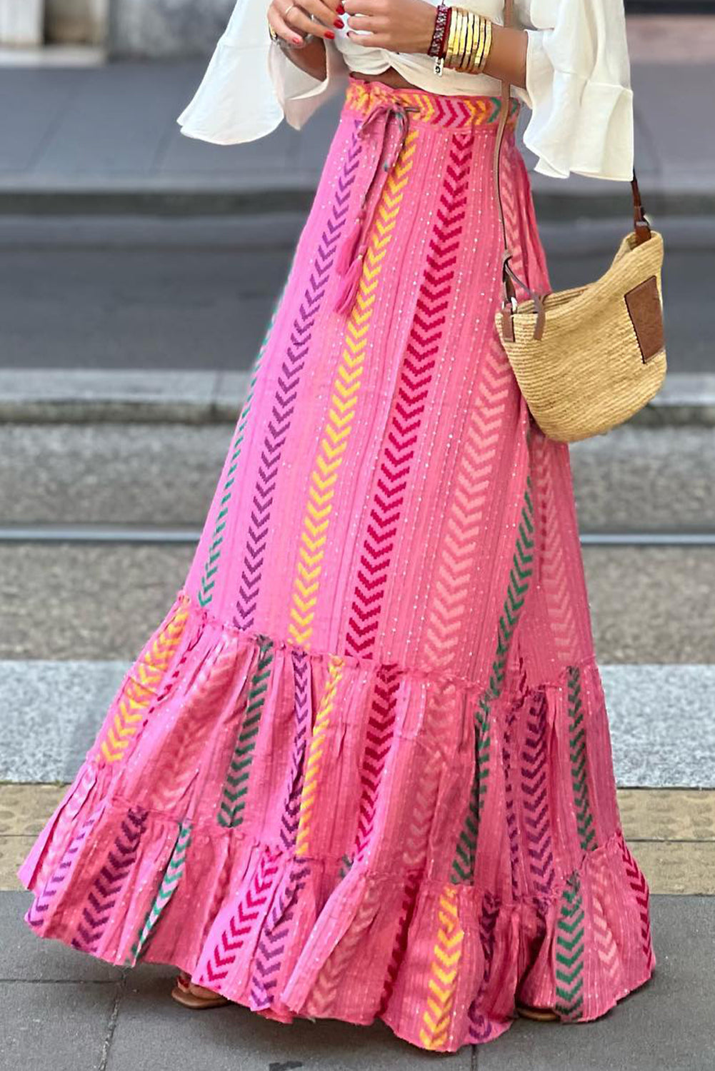 Chevron Tasseled Ruffle Maxi Skirt