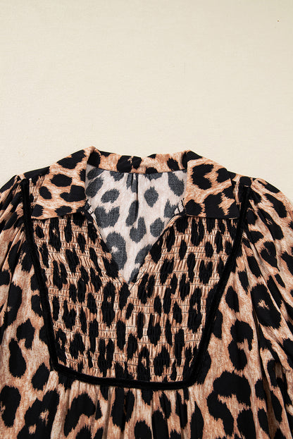Leopard Smocked V-Neck Flowy Midi Dress
