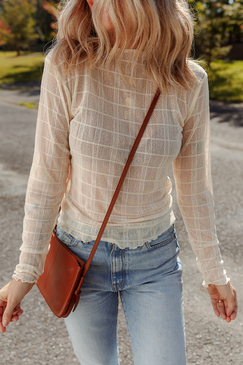 Sheer Plaid Mesh Lettuce Trim Long Sleeve Top