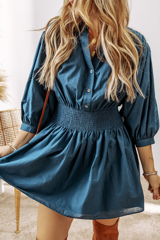 Solid 3/4 Sleeve High Waist Mini Dress