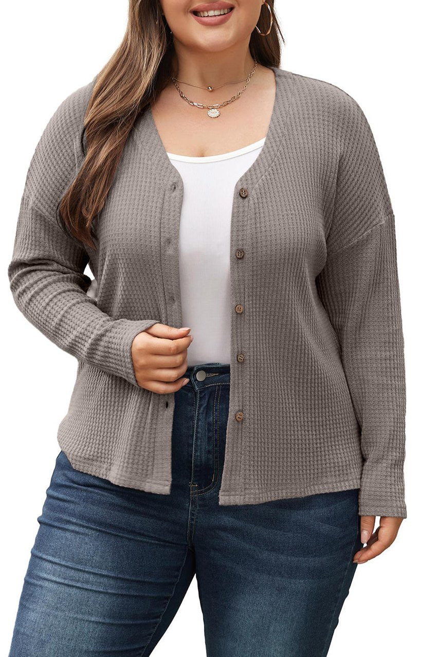 Plus Size Waflle Knit Buttoned V-Neck Top