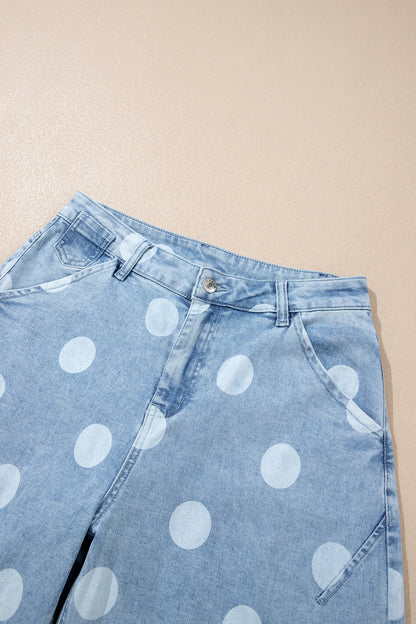 Polka Dot Denim Folded Hem High Waist Jeans