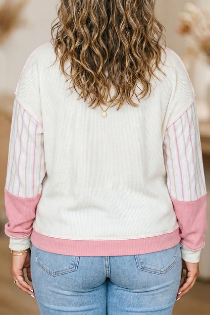 Plus Size Plaid Stripe Patchwork Long Sleeve Blouse