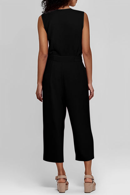 Button-Up Sleeveless Belted Jumpsuit