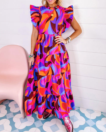 Abstract Ruffle Tiered Maxi Dress