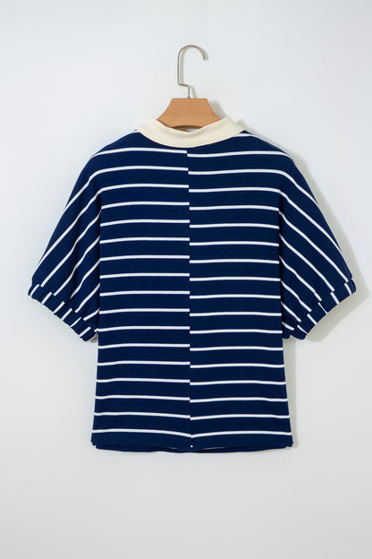 Stripe Stand Collar V-Neck Dolman Sleeve Top