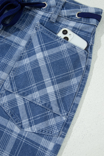 Denim Plaid Grommet Drawstring Waist Jeans