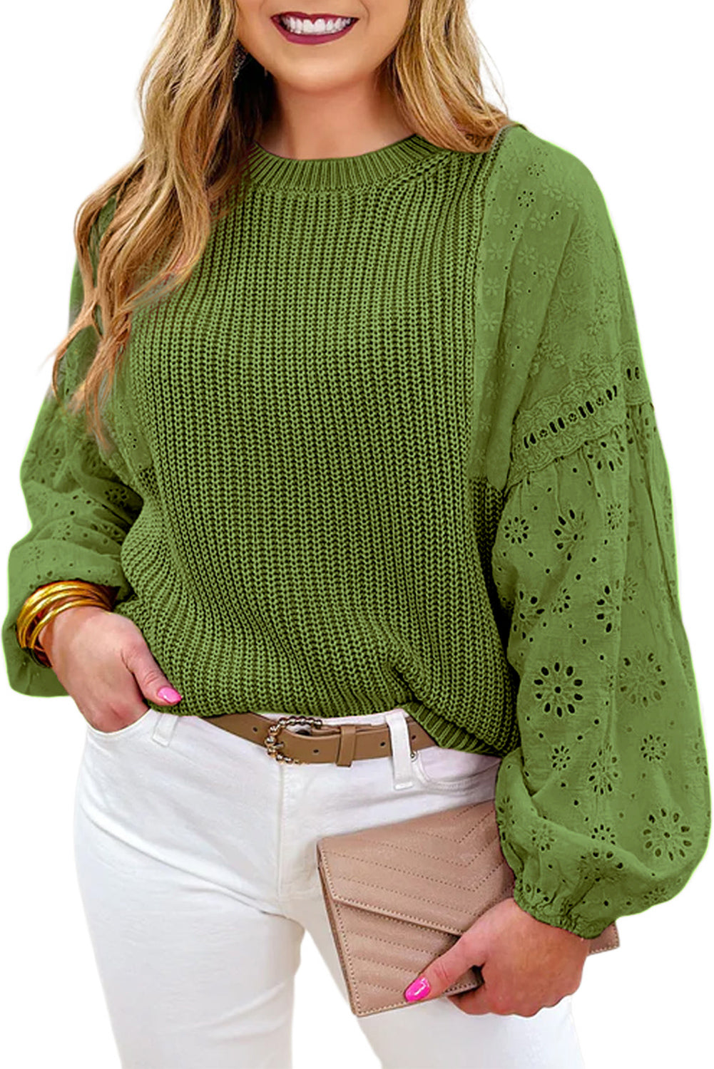 Patchwork Eyelet Puff Sleeve Sweater