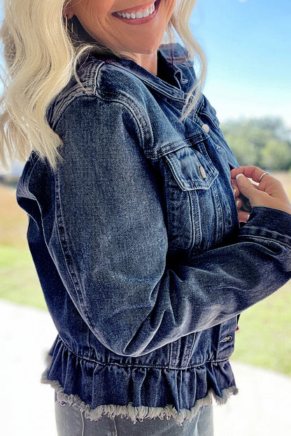 Denim Ruffle Raw Hem Jacket