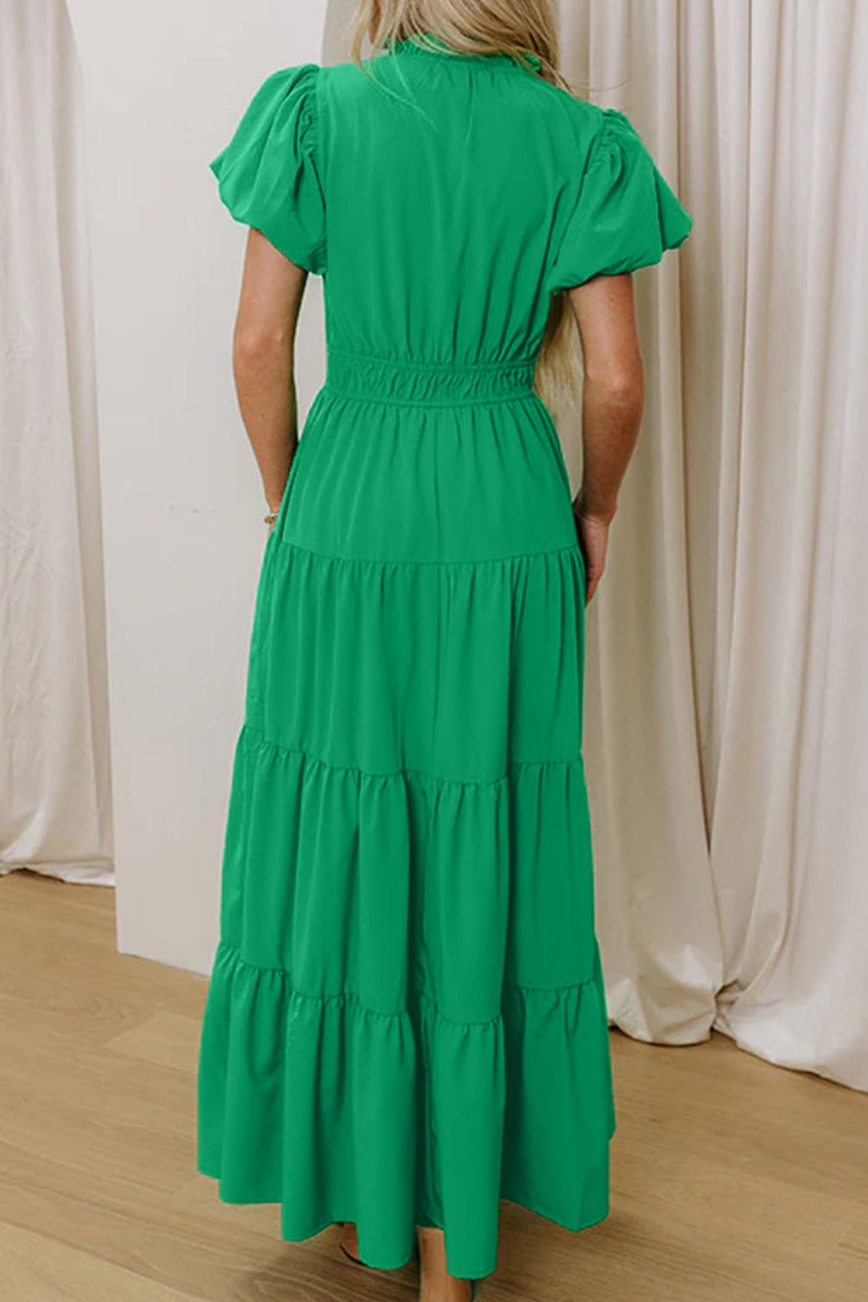 Solid V-Neck Short Puff Sleeve Tiered Maxi Dress