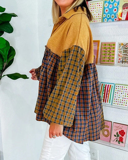 Plaid Colorblock Puff Sleeve Shirt