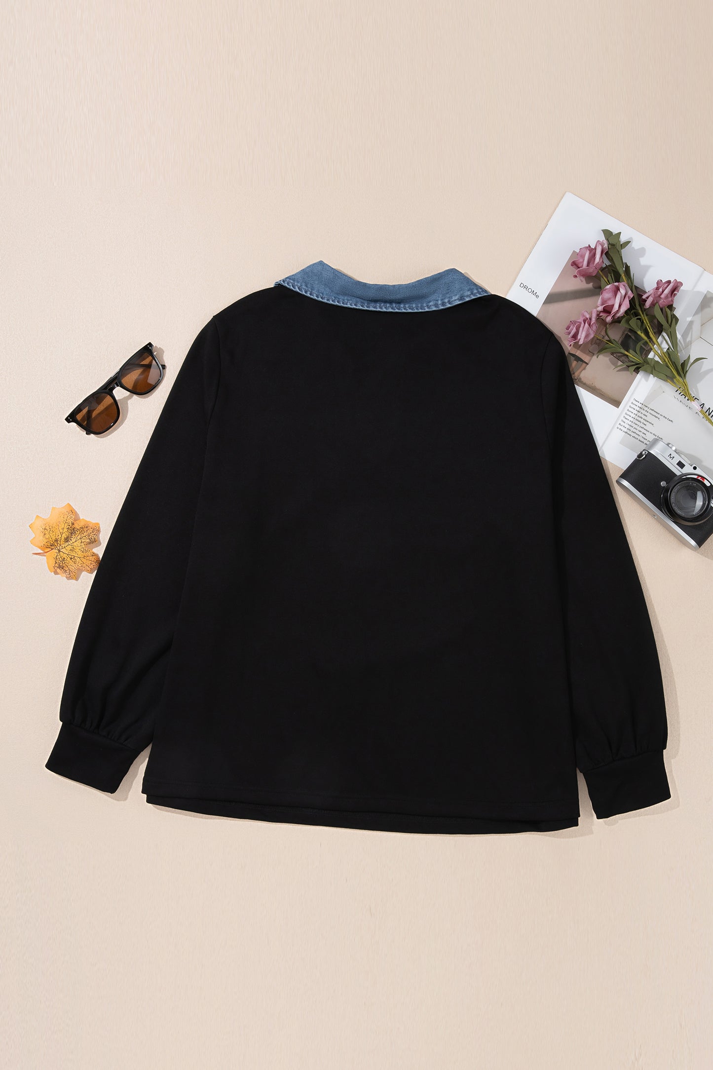 Plus Size Denim Collared V-Neck Long Sleeve Knit Blouse