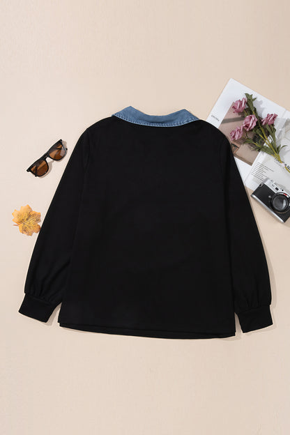 Plus Size Denim Collared V-Neck Long Sleeve Knit Blouse