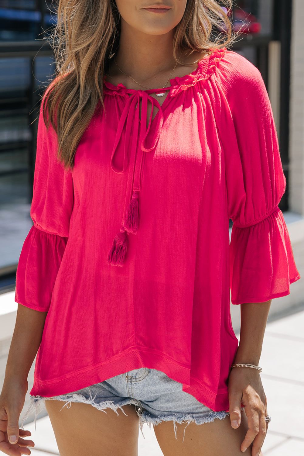 Ruffle 3/4 Sleeve Tassel Tie Top