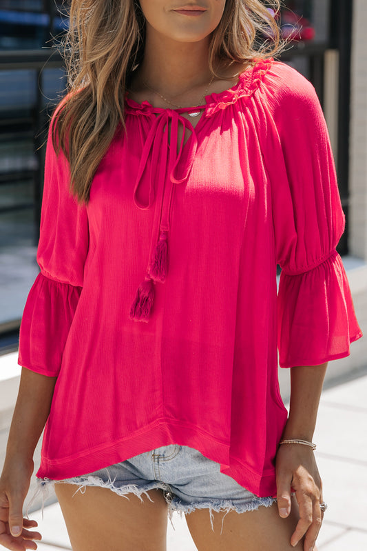 Ruffle 3/4 Sleeve Tassel Tie Top