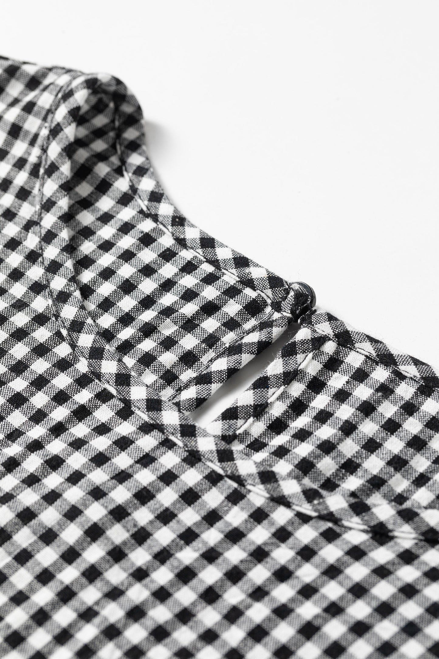 Gingham Shirred Cuff Long Sleeve Round Neck Blouse
