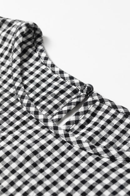 Gingham Shirred Cuff Long Sleeve Round Neck Blouse