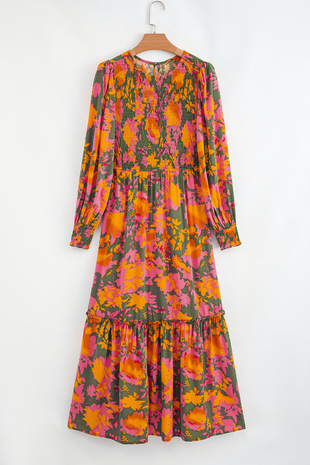 Floral Smocked Puff Sleeve Ruffle Maxi Dress
