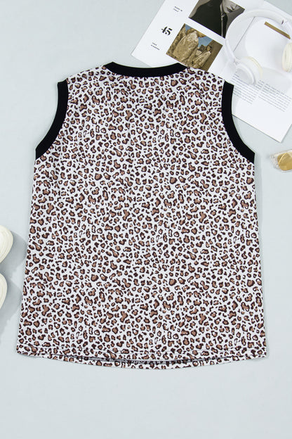 Plus Size Leopard Contrast Trim Sleeveless Top