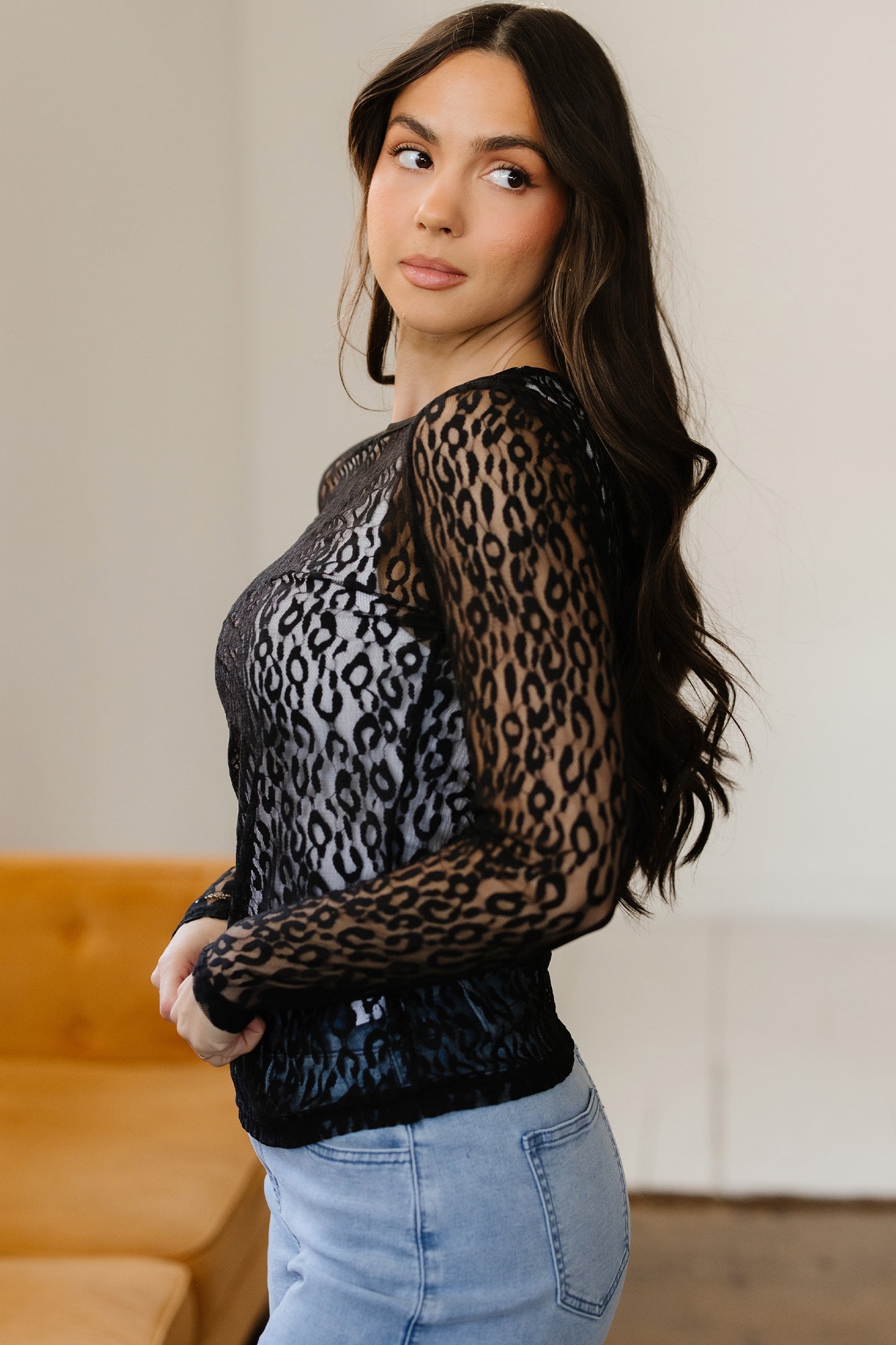 Leopard Sheer Mesh Long Sleeve Top