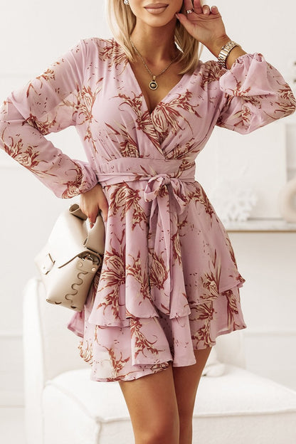 Floral Tie Waist Layered Ruffle Dress