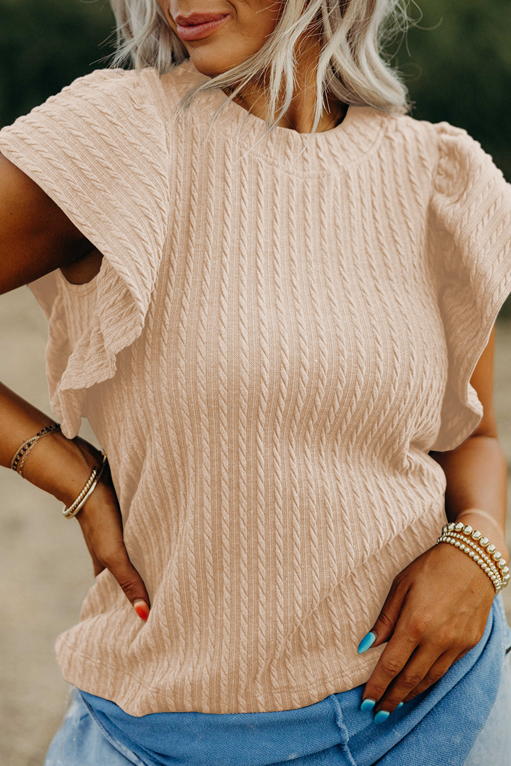 Solid Textured Flutter Sleeve Top