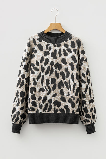 Leopard Contrast Trim Drop Shoulder Sweater