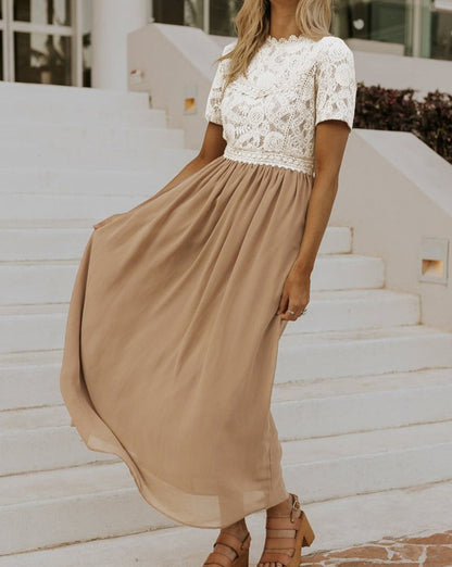 Lace Chiffon Short Sleeve Maxi Dress