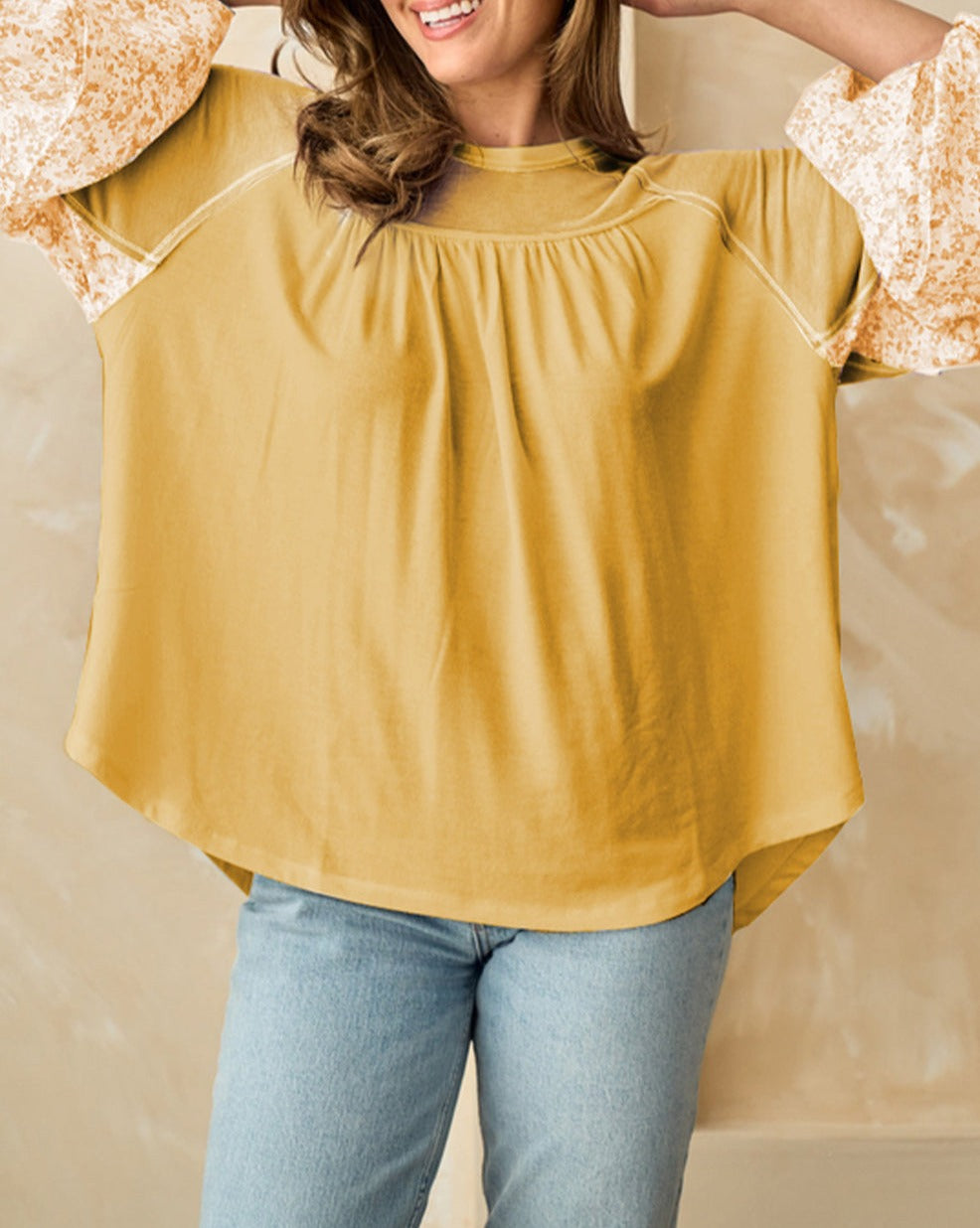 Floral Colorblock Balloon Sleeve Blouse