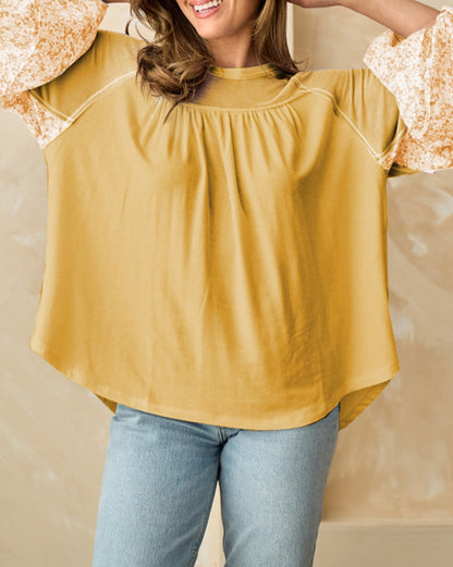 Floral Colorblock Balloon Sleeve Blouse