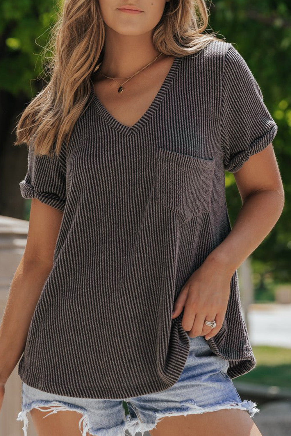 Ribbed Short Sleeve Pocketed Top