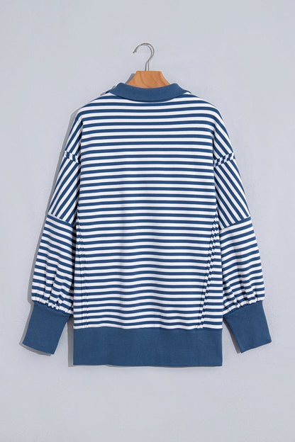 Stripe Colorblock Trim Raw Seam Split Hem Sweatshirt