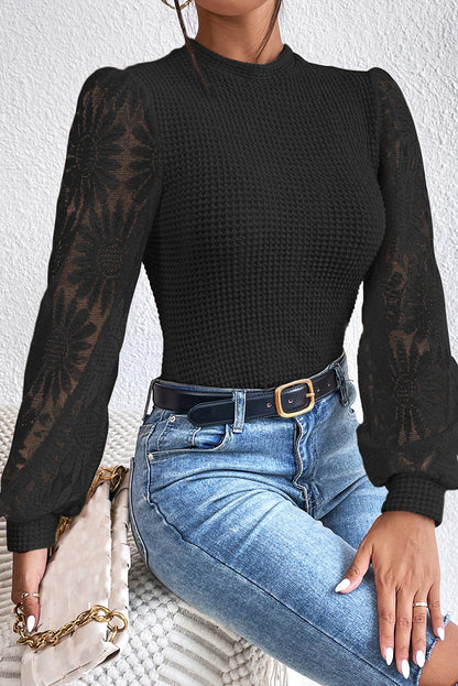 Floral Mesh Sleeve Waffle Top