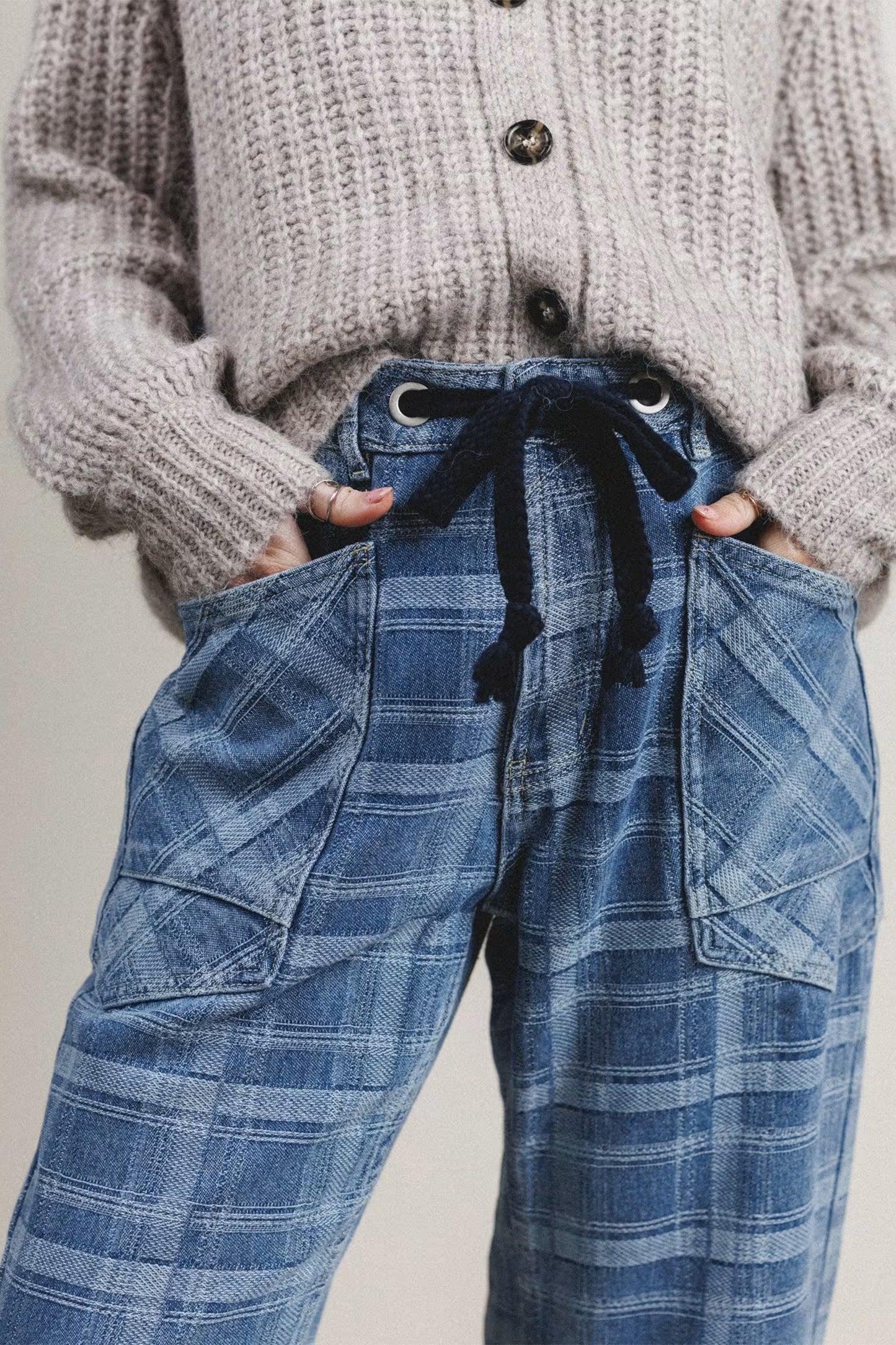 Denim Plaid Grommet Drawstring Waist Jeans