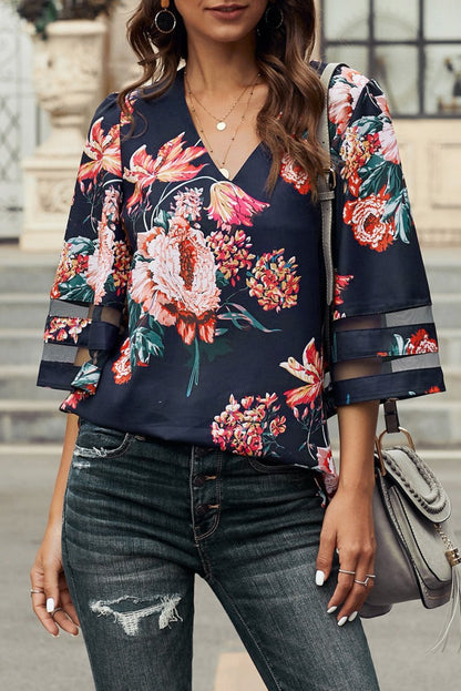 Floral V-Neck 3/4 Sleeve Blouse