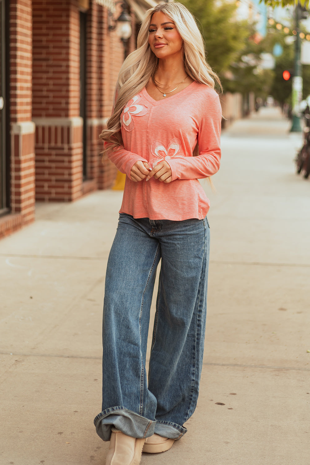 Floral Patchwork V-Neck Long Sleeve Top