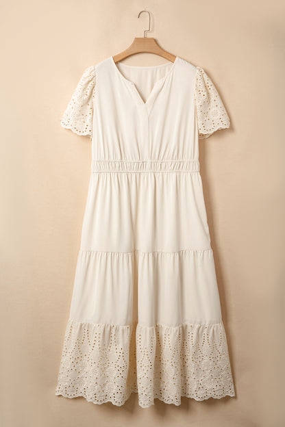 Plus Size Embroidered Eyelet Patchwork V-Neck Maxi Dress