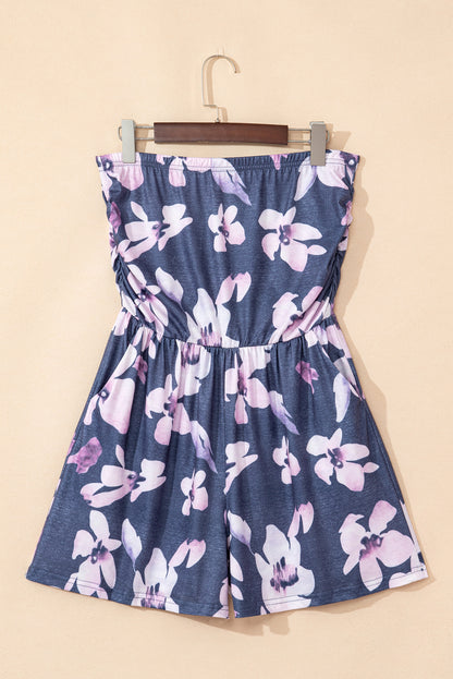 Floral Ruched Strapless Bandeau Pocketed Romper